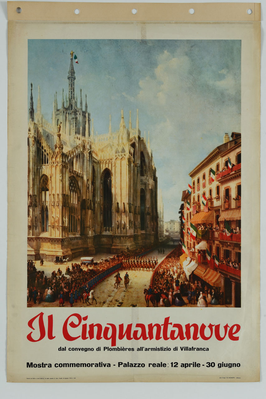 dipinto ottocentesco raffigurante l'ingresso di Vittorio Emanuele II e Napoleone III in Milano nel 1859 (manifesto) - ambito italiano (sec. XX)