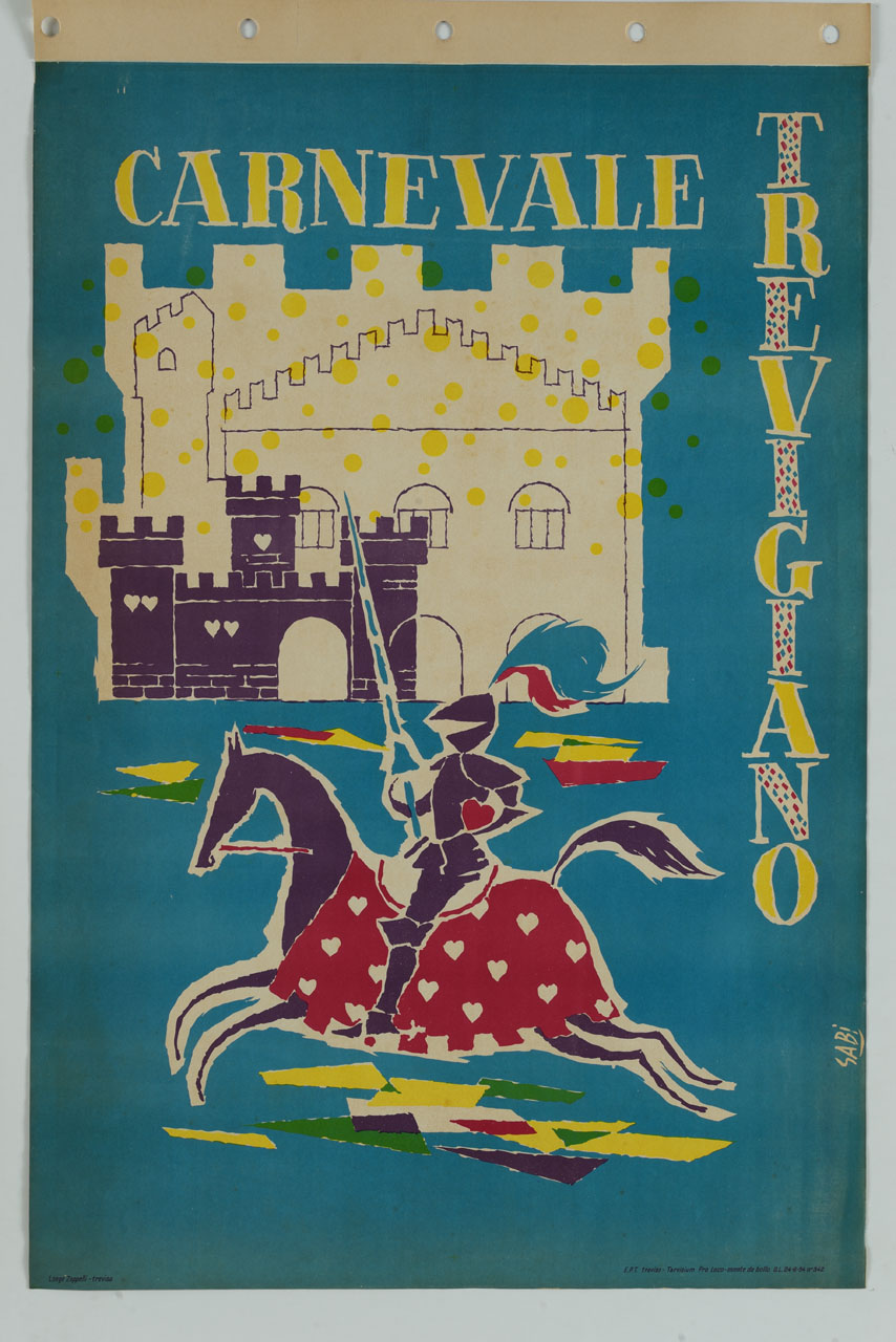palazzo dei Trecento di Treviso con un castello e un cavaliere medievale vestito per un torneo (manifesto) di Bidasio Degli Imberti Sandro detto Sabi (sec. XX)