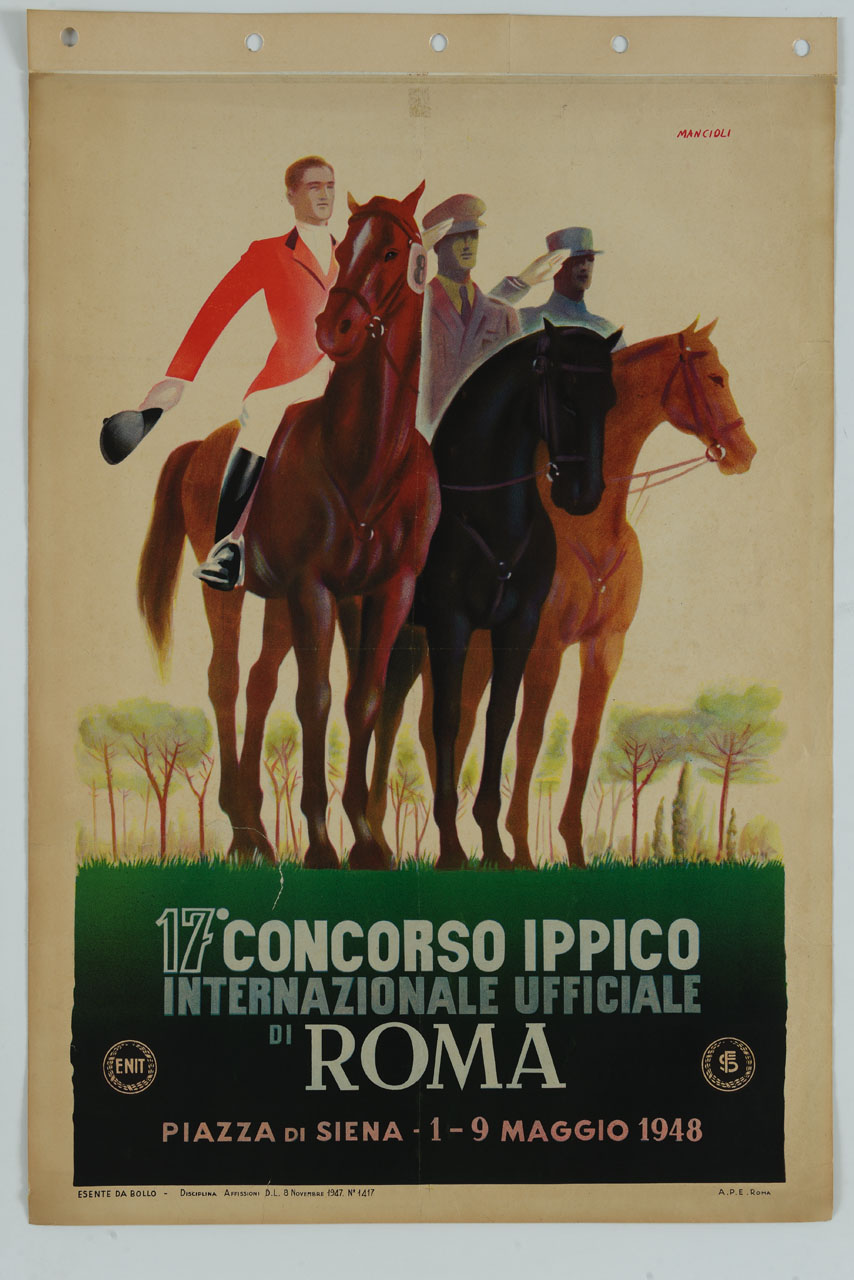 un fantino in vestito da equitazione e due fantini rispettivamente in divisa da carabiniere e da lanciere di Montebello (manifesto) di Mancioli Corrado (sec. XX)