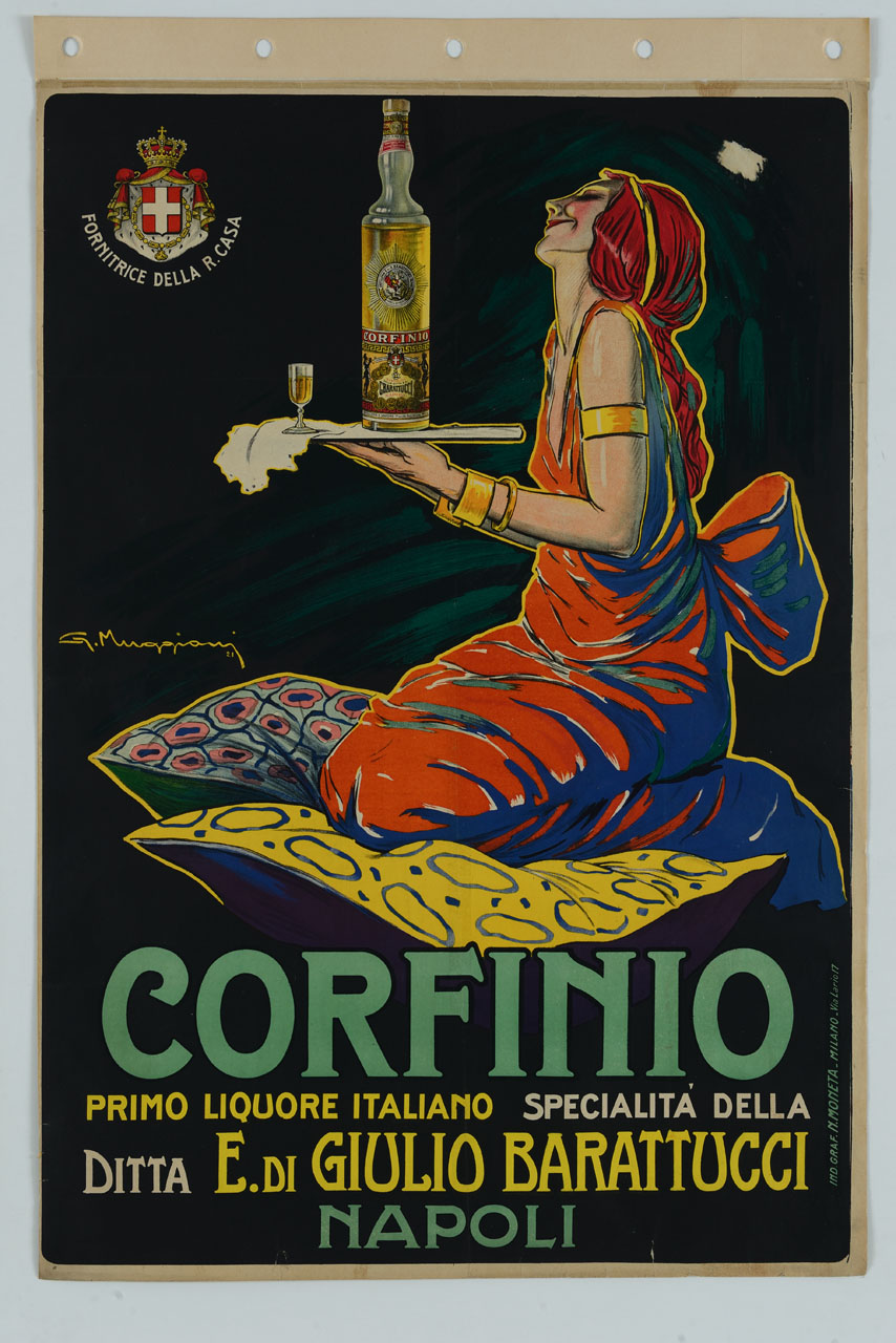 donna vestita "alla schiava" in ginocchio su dei cuscini porta un vassoio con una bottiglia e un bicchierino da liquore (manifesto) di Muggiani Giorgio (sec. XX)