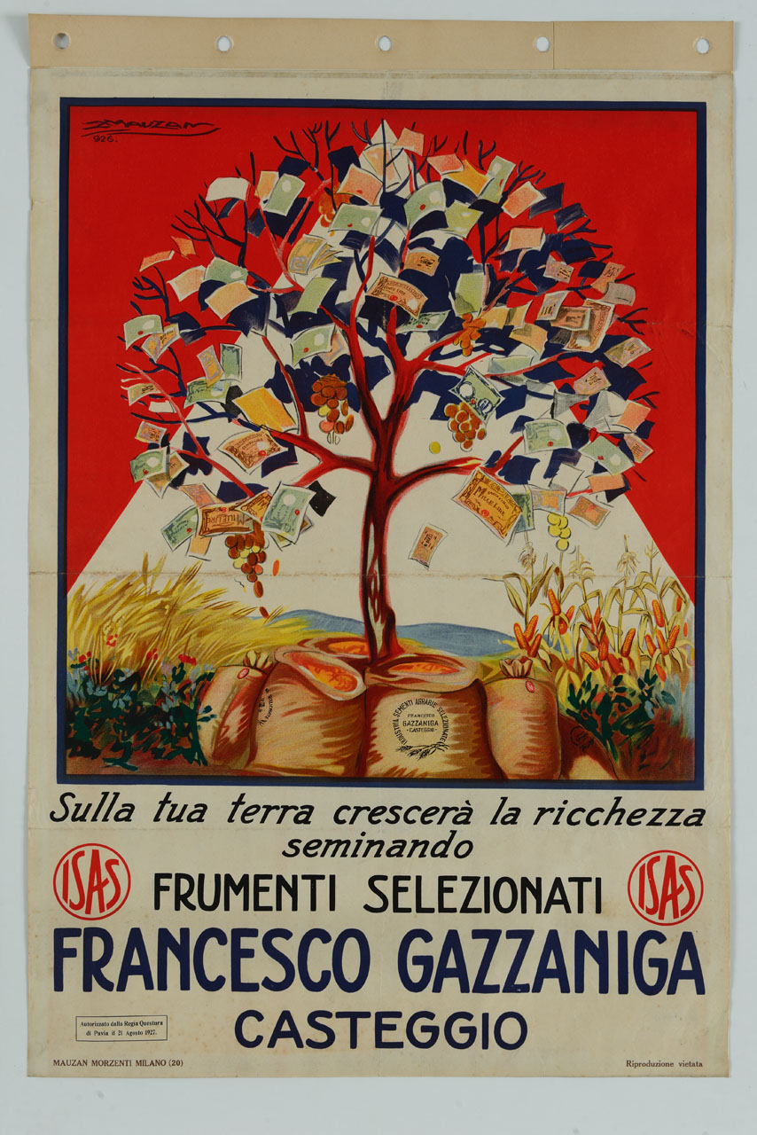 dai rami di un albero crescono banconote e monete a forma di grappoli; ai suoi piedi, tra sacchi pieni di sementi spuntano spighe di grano maturo, orzo, mais, erbe di campo e papaveri (manifesto) di Mauzan Achille Luciano (sec. XX)