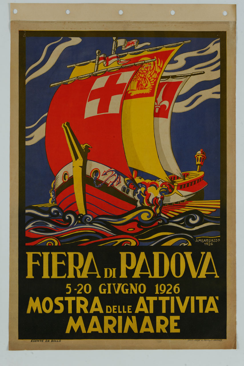 vascello in navigazione con vele spiegate decorate con bandiere (manifesto) di Menegazzo Antonio detto Amen (sec. XX)