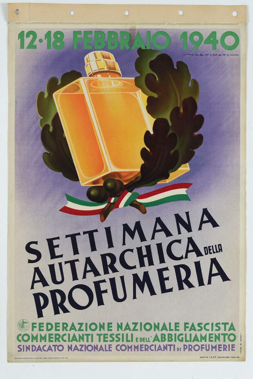bottiglia di profumo poggiata su foglie di quercia in volo fissate con nastro tricolore alla base (manifesto) di Martinati Luigi (sec. XX)