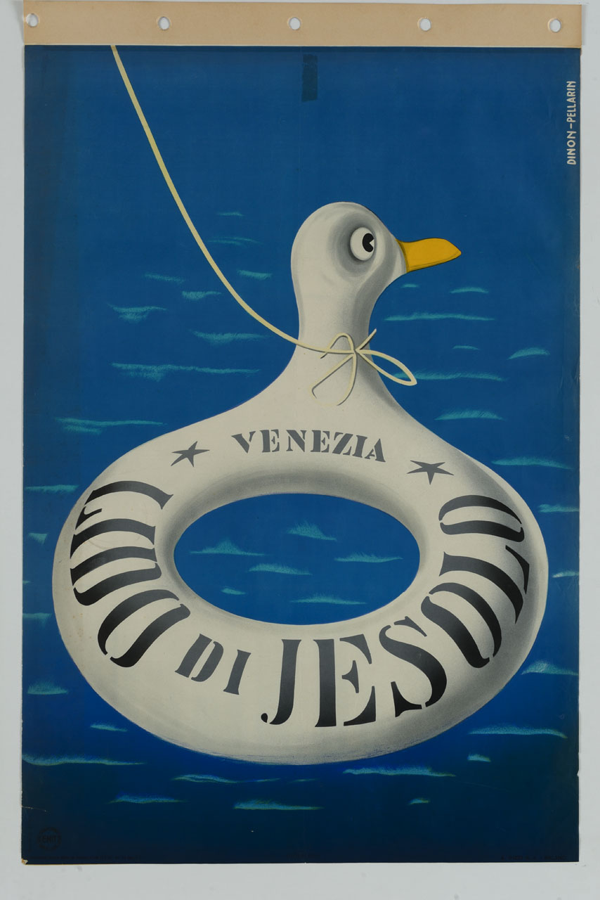 salvagente con testa di gabbiano galleggia sul mare tenuto da una cordicella (manifesto) di Dinon Mario, Pellarin Mario (sec. XX)