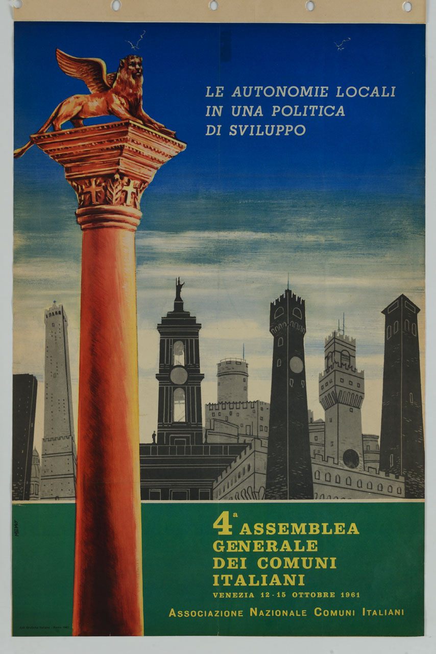 colonna di San Marco davanti ad una veduta composta delle torri di diverse città italiane (manifesto) di Memo - ambito italiano (sec. XX)