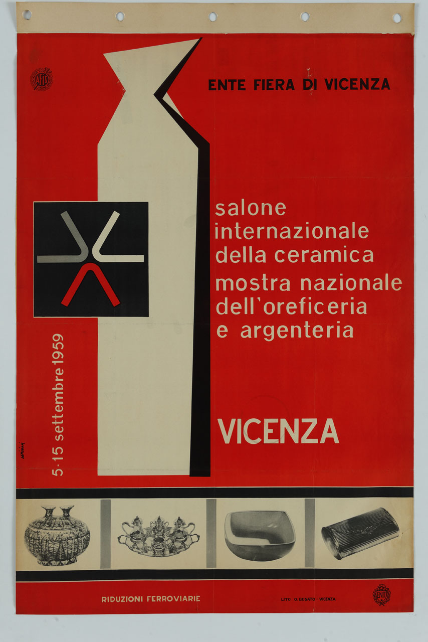 bottiglia, portacioccolatini, servizio da the in argento, ciotola e pochette da sera (manifesto) di Geminiani Carlo (sec. XX)