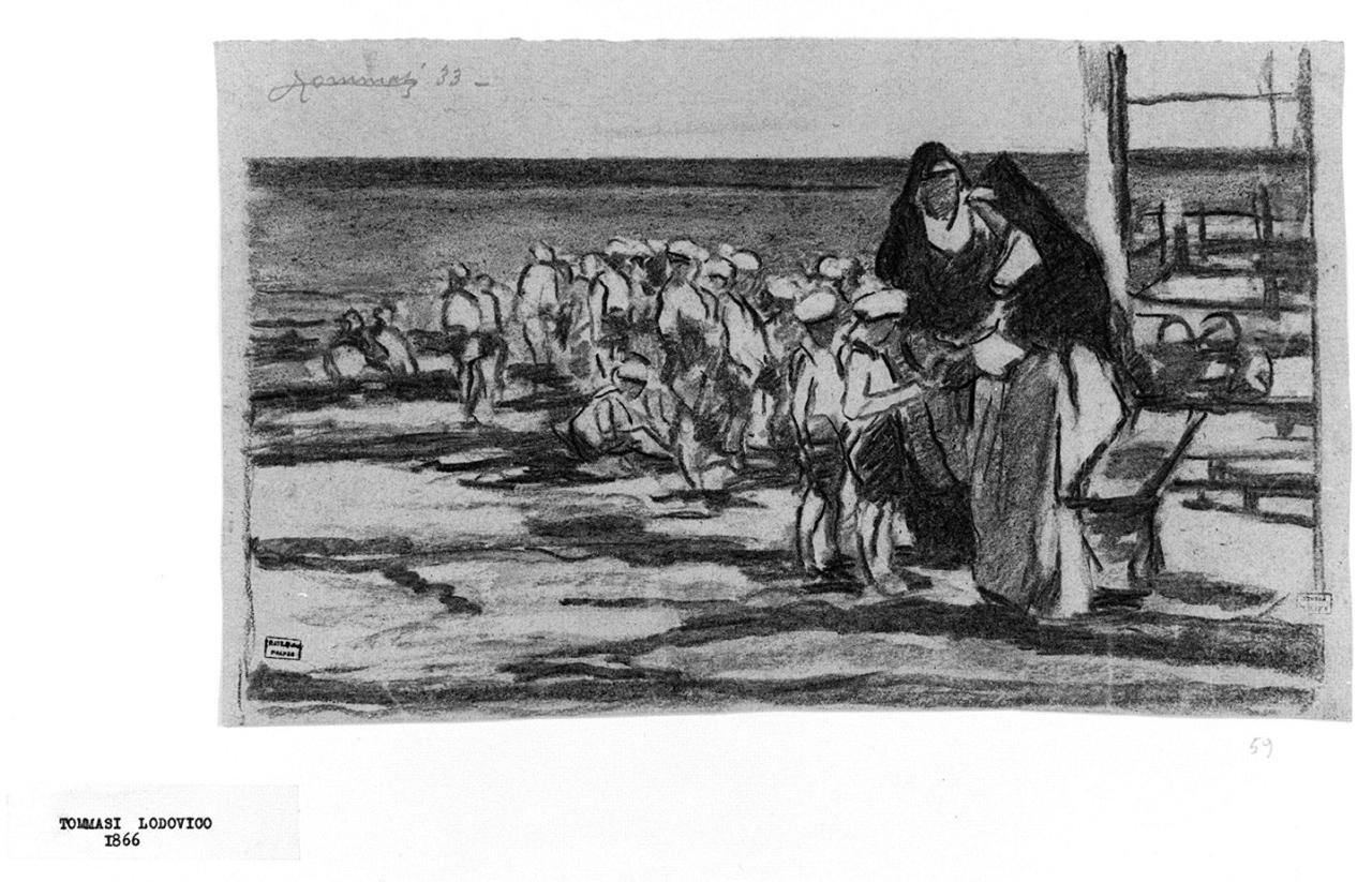 bambini sulla spiaggia con due suore (disegno) di Tommasi Ludovico (sec. XX)