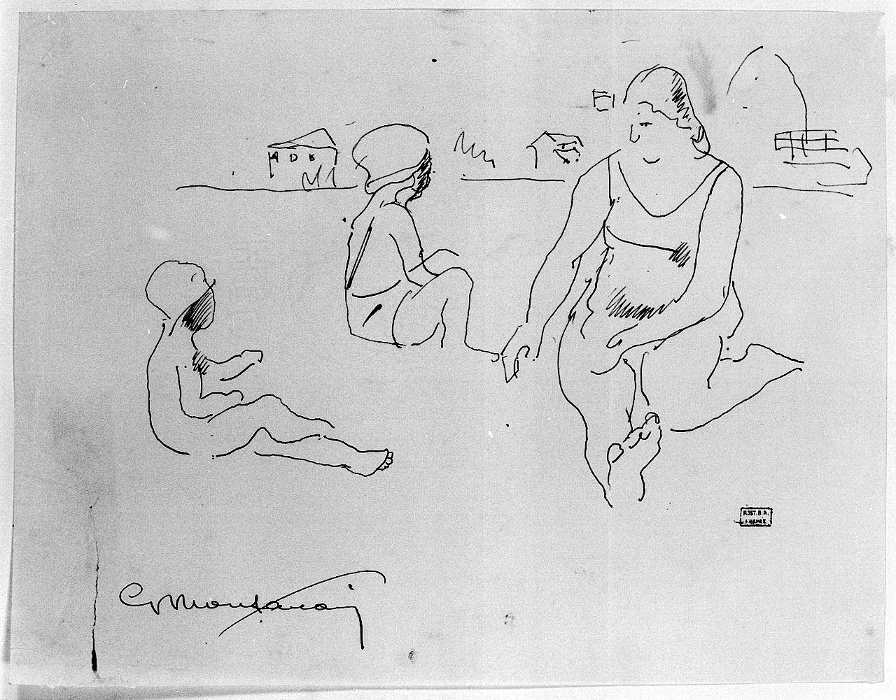 figura femminile con bambini (disegno) di Montanari Giuseppe (sec. XX)