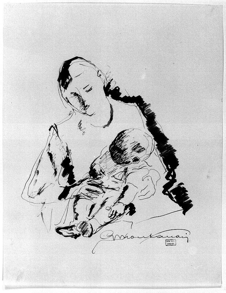 giovane madre con infante (disegno) di Montanari Giuseppe (sec. XX)