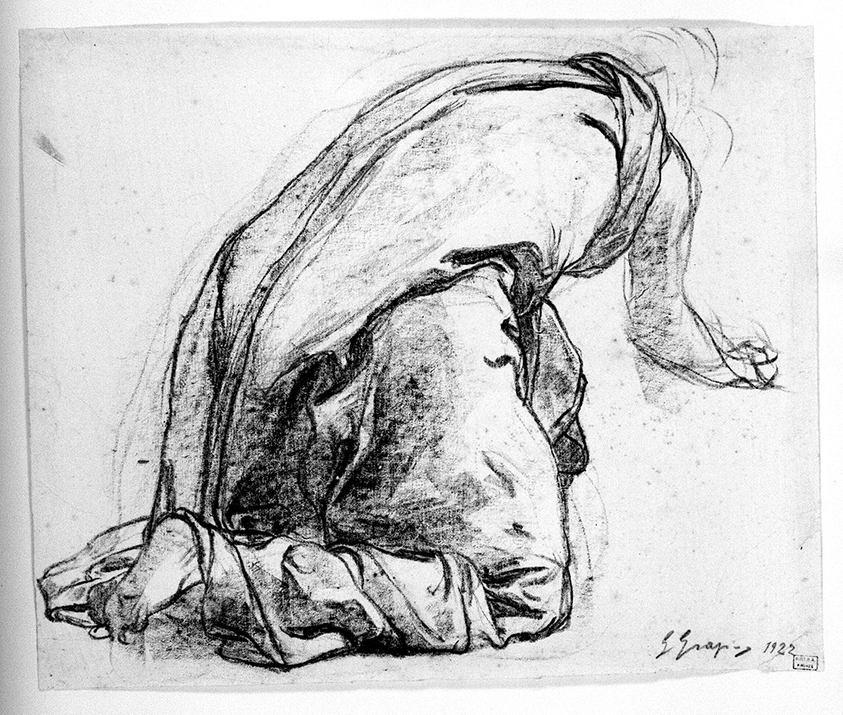 figura maschile inginocchiata (disegno) di Graziosi Giuseppe (sec. XX)