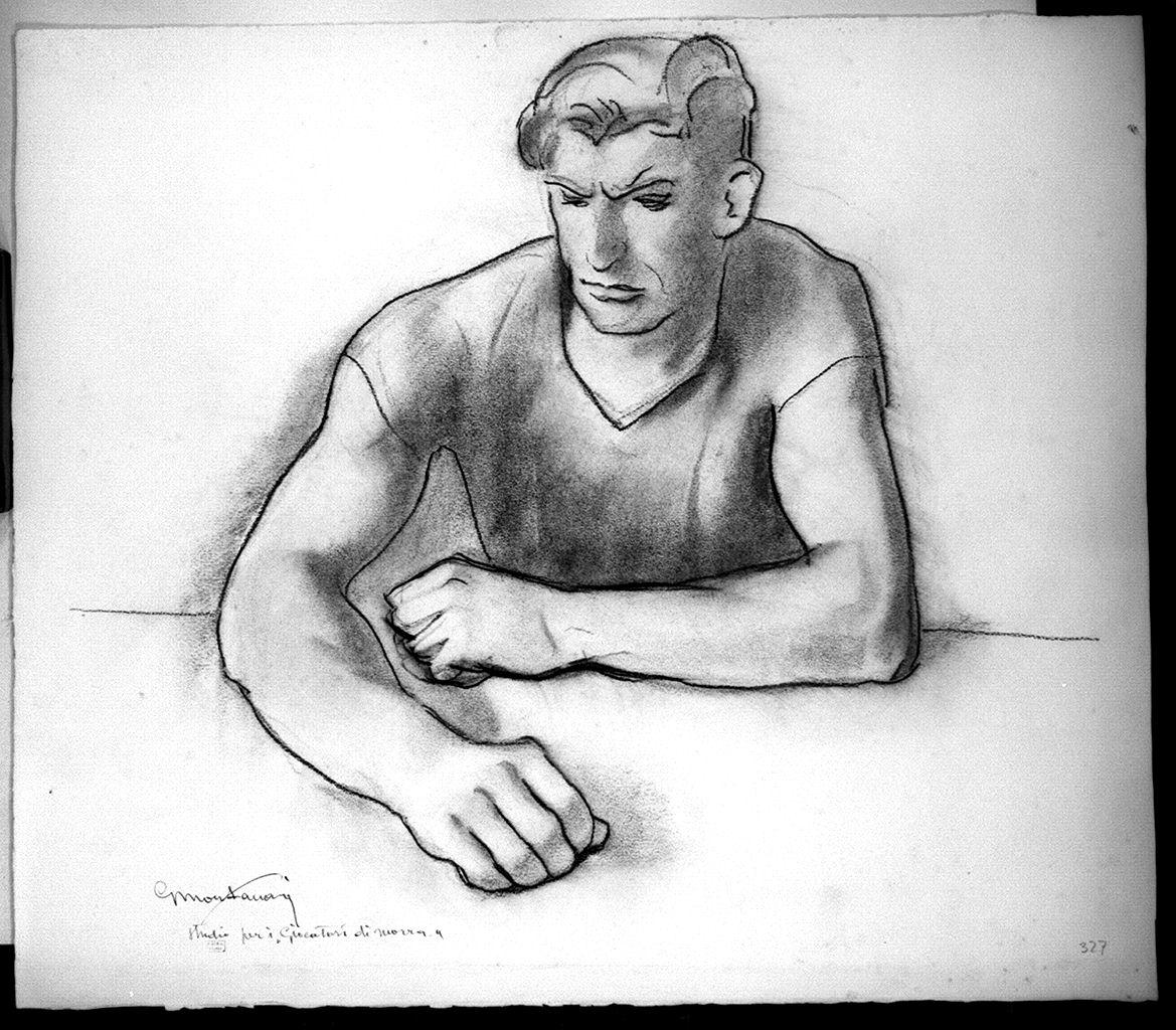 figura maschile seduta (disegno) di Montanari Giuseppe (sec. XX)