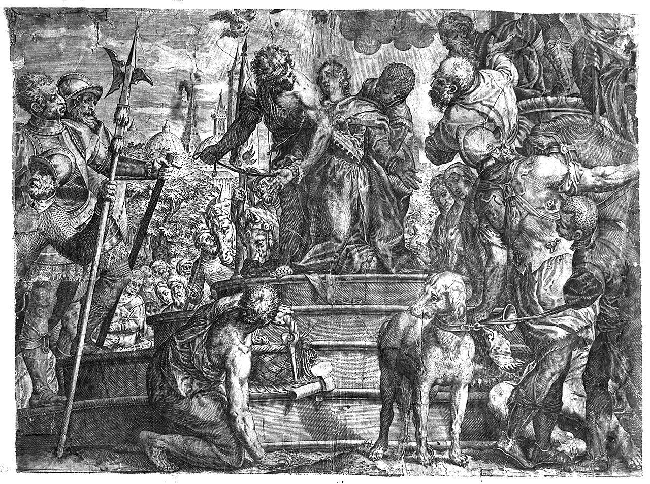 martirio di Santa Giustina di Padova (stampa smarginata) di Carracci Agostino, Caliari Paolo detto Paolo Veronese (sec. XVI)