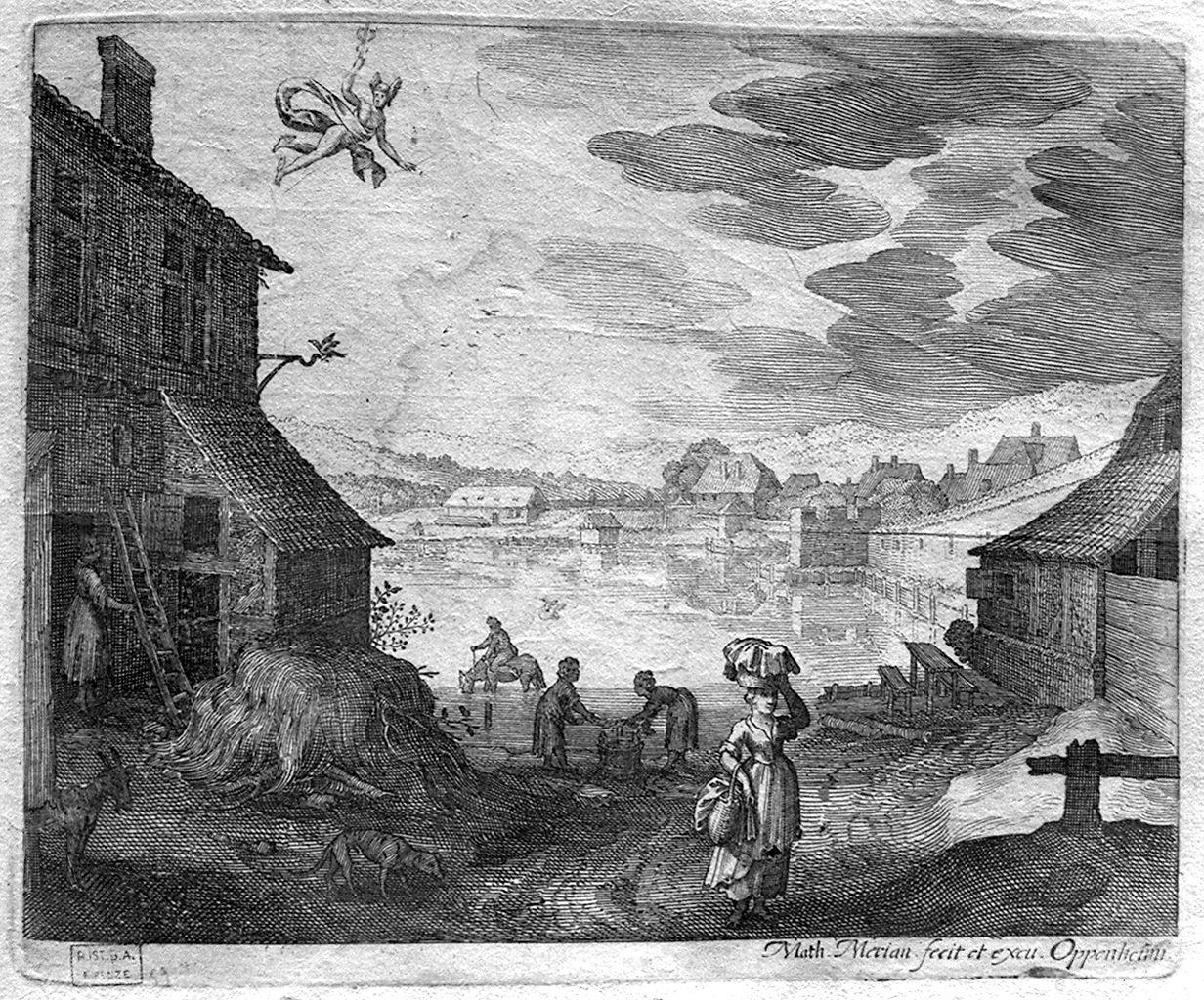paesaggio lacustre (stampa) di Merian Matthaus il Giovane (metà sec. XVII)