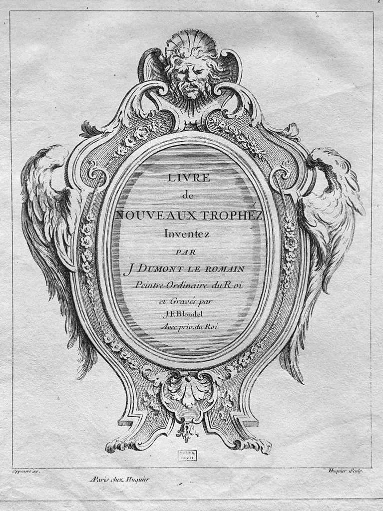 trofeo d'armi (stampa, serie) di Huquier Gabriel, Blondel Jacques François, Dumont Jacques, Oppenort Gilles Marie (sec. XVIII)