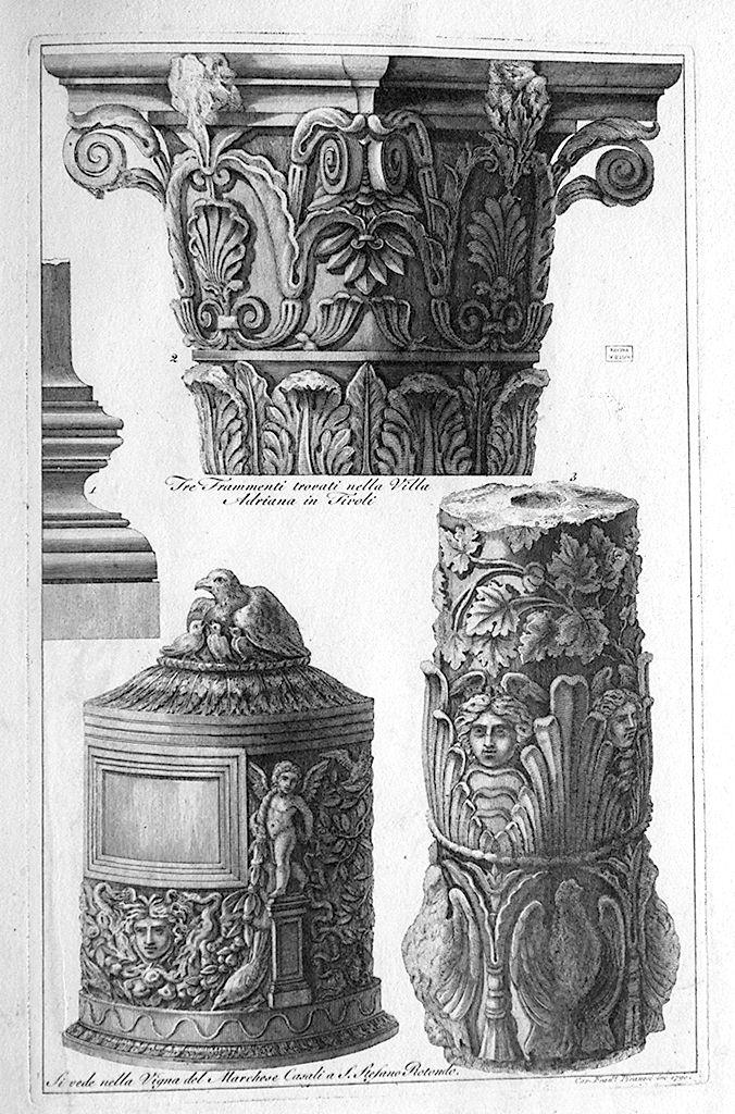 capitello, frammento di colonna, urna (stampa) di Piranesi Francesco (sec. XVIII)
