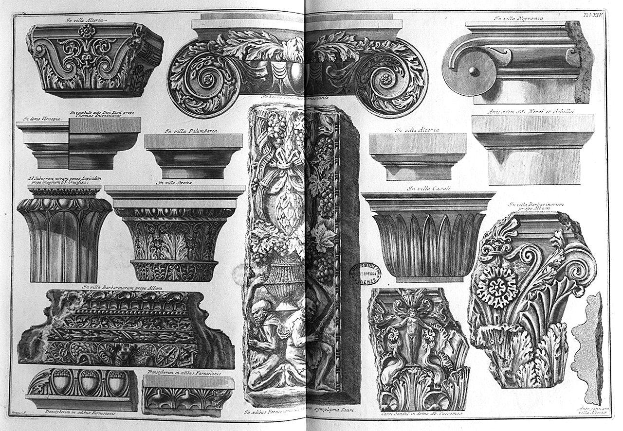 capitelli ed elementi decorativi architettonici (stampa) di Piranesi Giovanni Battista (sec. XVIII)