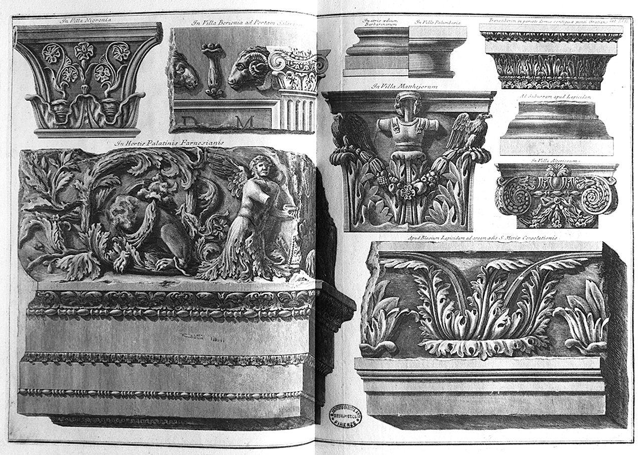 capitelli e fregi (stampa) di Piranesi Giovanni Battista (sec. XVIII)