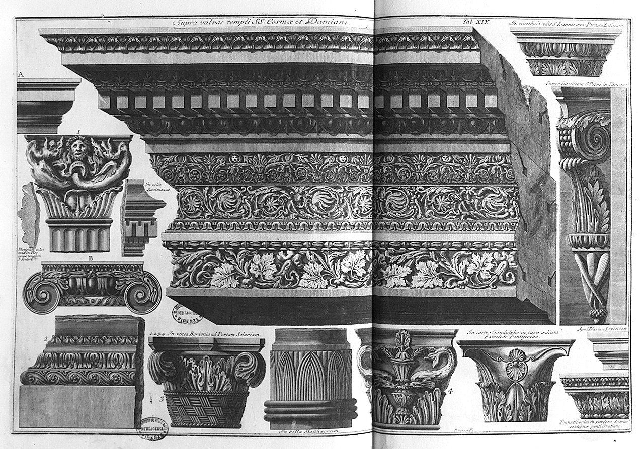 cornici architettoniche e capitelli (stampa) di Piranesi Giovanni Battista (sec. XVIII)