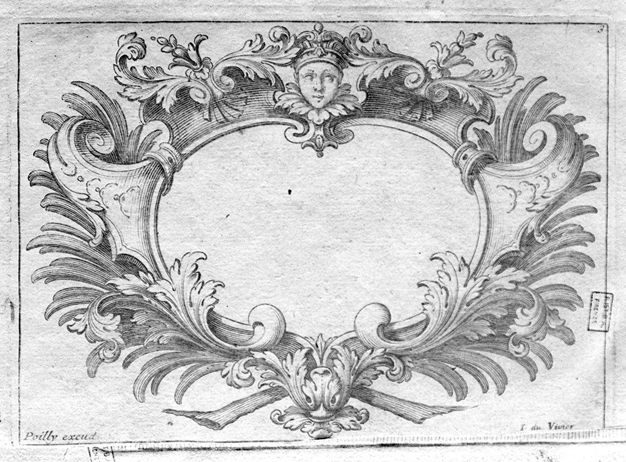 cartiglio con mascherone e foglie (stampa) di Duvivier Jean - ambito francese (metà sec. XVII)