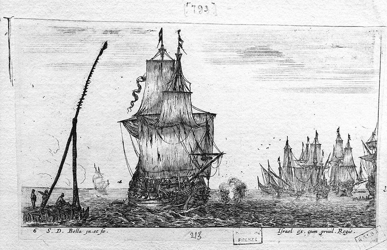 paesaggio marino con nave allo scalo (stampa smarginata, serie) di Della Bella Stefano (sec. XVII)