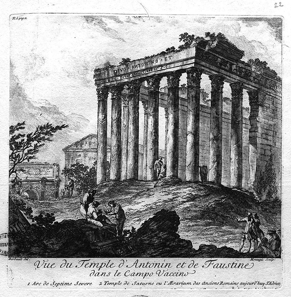 veduta del tempio di Antonino e di Faustina a Roma (stampa) di Barbault Jean, Montagu Domenico (sec. XVIII)