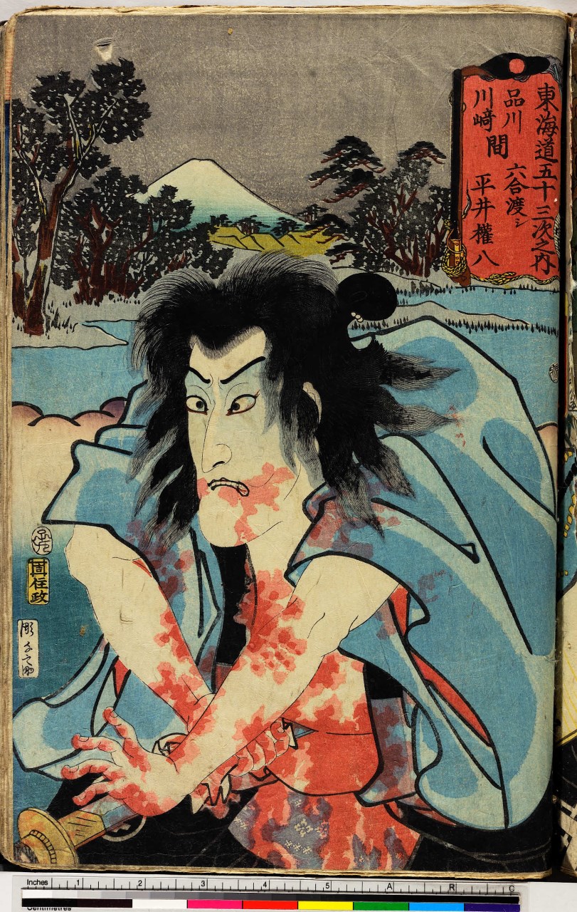 uomo ferito da una spada e paesaggio nello sfondo (stampa, serie) di Utagawa Toyokuni III, Hori Sennosuke - ambito giapponese (metà sec. XIX)