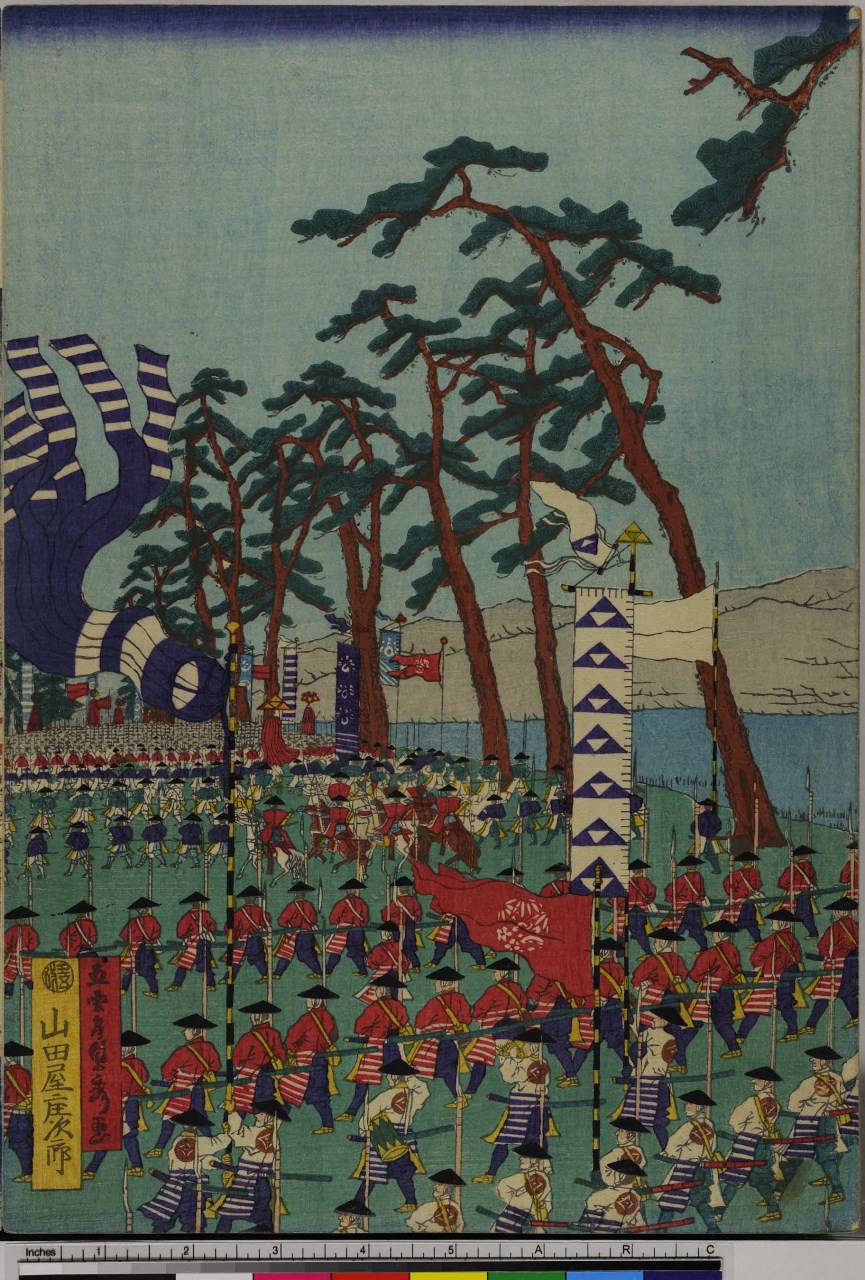 esercito in marcia (stampa, stampa composita) di Utagawa Sadahide - ambito giapponese (seconda metà sec. XIX)