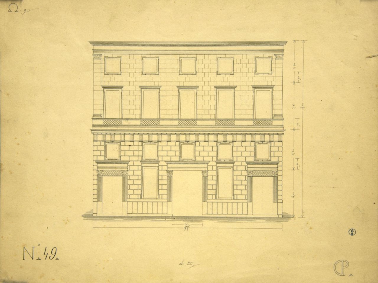 Prospetto principale parzialmente quotato di "casa privata" (disegno architettonico) di Promis Carlo (secondo quarto sec. XIX)