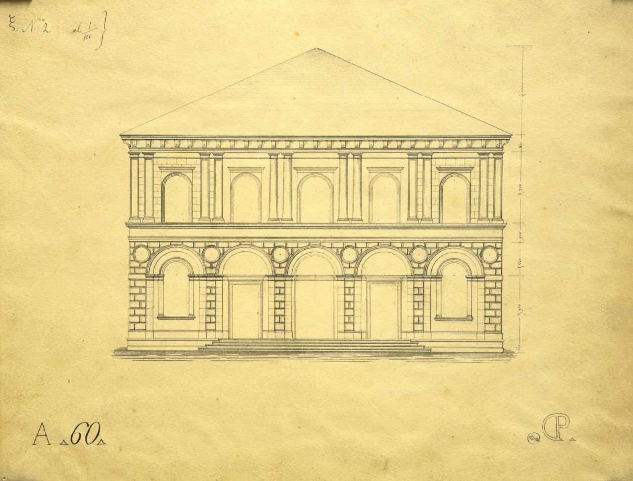 Prospetto principale parzialmente quotato di "villetta" (disegno architettonico) di Promis Carlo (secondo quarto sec. XIX)