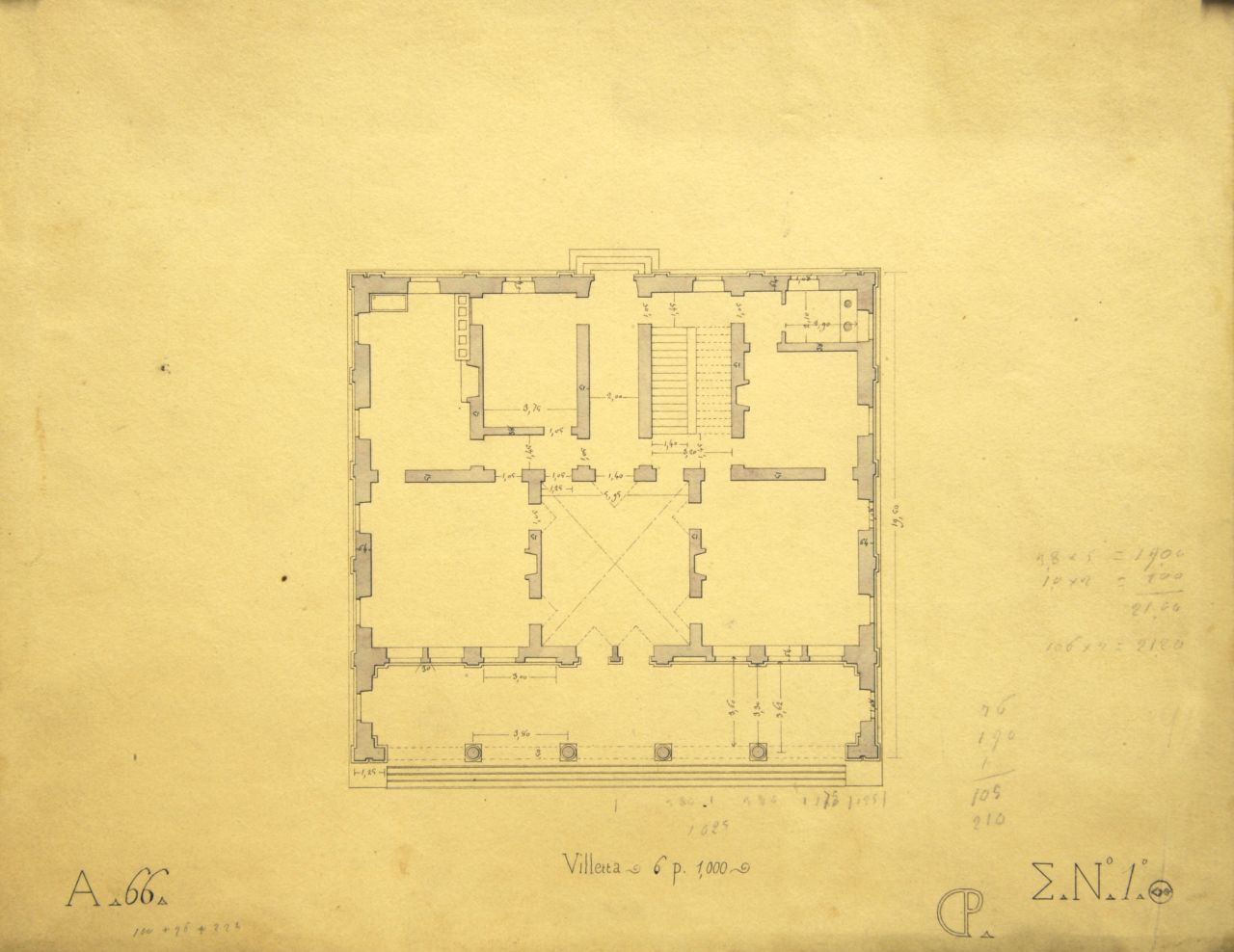 Villetta, Pianta parzialmente quotata del piano terreno di "villetta" (disegno architettonico) di Promis Carlo (secondo quarto sec. XIX)