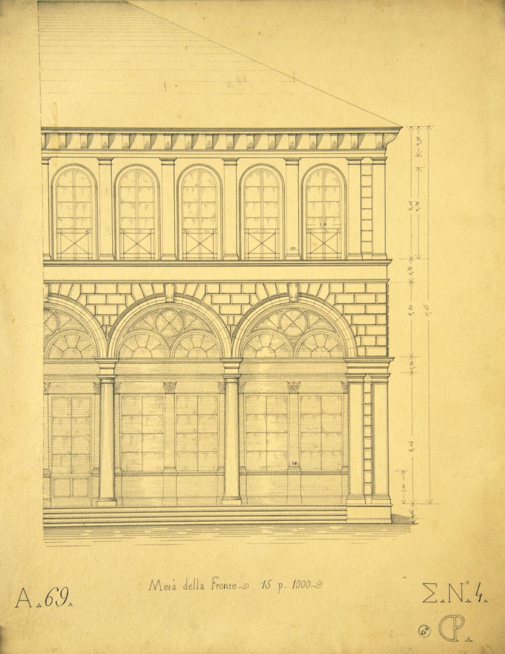 Metà della Fronte, Prospetto principale parzialmente quotato di parte di "villetta" (disegno architettonico) di Promis Carlo (secondo quarto sec. XIX)