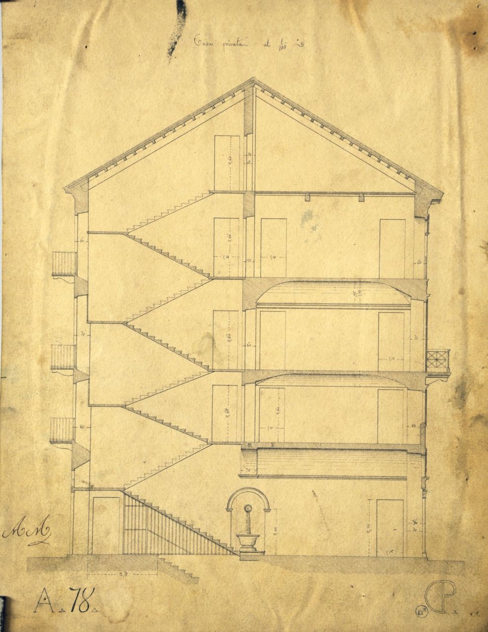 Casa privata, Sezione longitudinale parzialmente quotata di "Casa privata" (disegno architettonico) di Promis Carlo (secondo quarto sec. XIX)