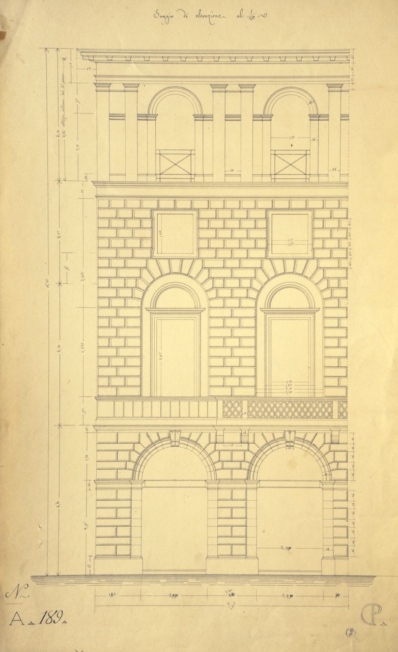Saggio di elevazione, Prospetto principale quotato di parte di "casa da pigione" (disegno architettonico) di Promis Carlo (secondo quarto sec. XIX)