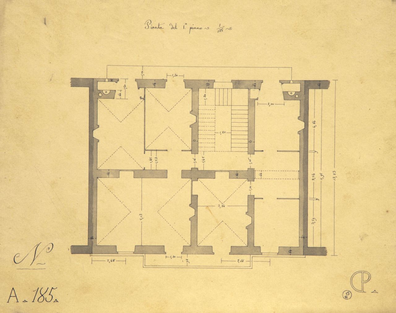Pianta del 1° piano, Pianta parzialmente quotata del primo piano di "casa da pigione" (disegno architettonico) di Promis Carlo (secondo quarto sec. XIX)