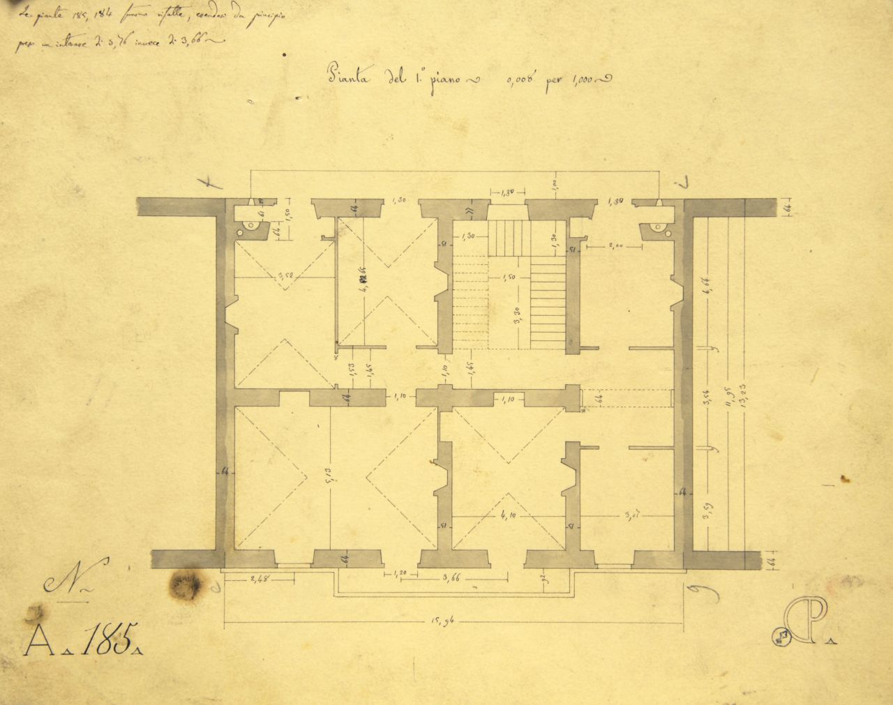 Pianta del 1° piano, Pianta quotata del primo piano di "casa da pigione" (disegno architettonico) di Promis Carlo (metà sec. XIX)