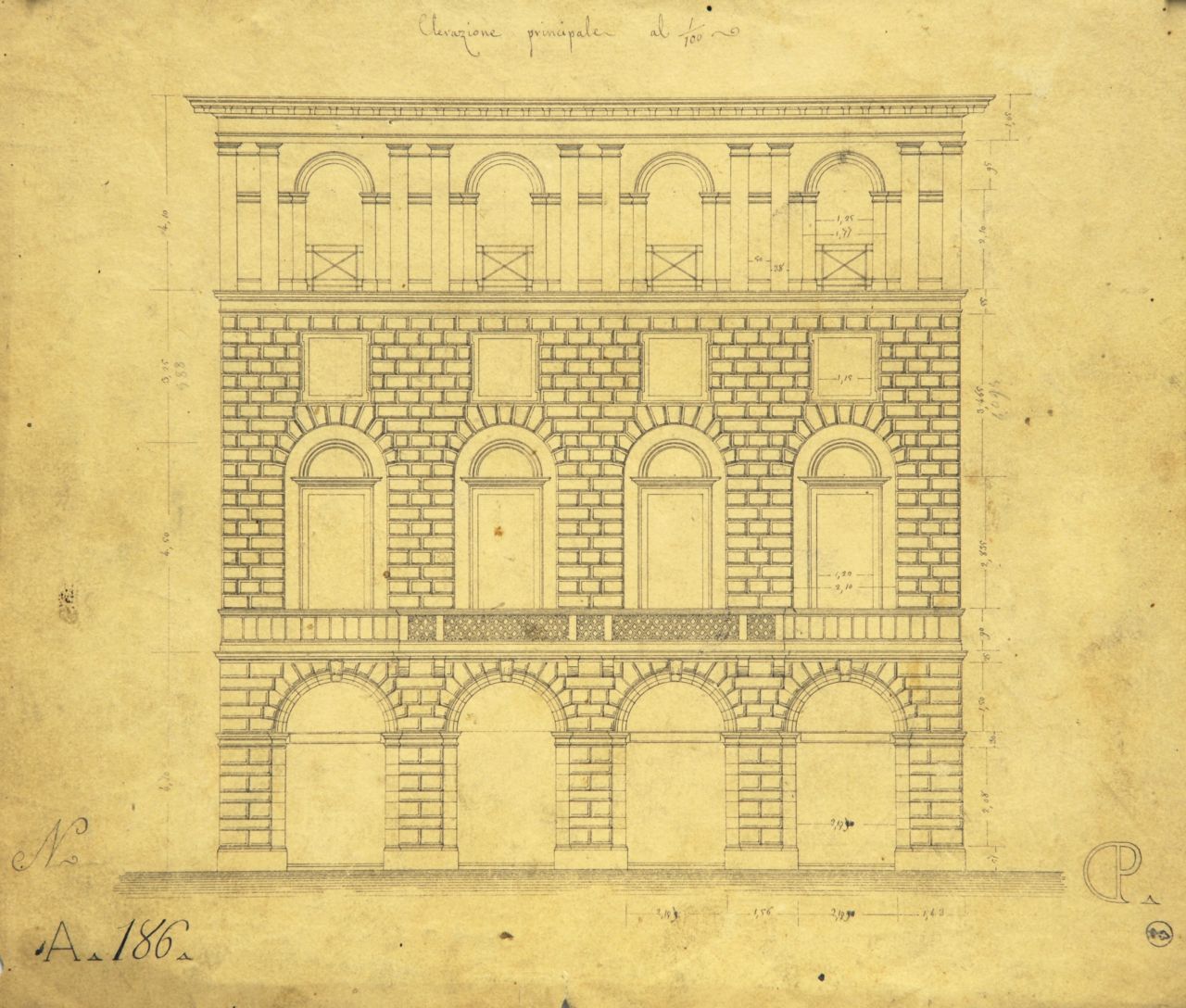 Elevazione principale, Prospetto principale quotato di "casa da pigione" (disegno architettonico) di Promis Carlo (secondo quarto sec. XIX)