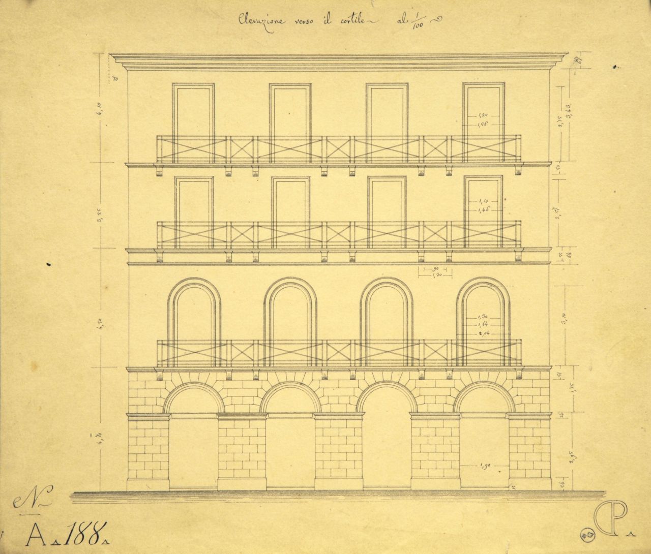 Elevazione verso il cortile, Prospetto interno parzialmente quotato di "casa da pigione" (disegno architettonico) di Promis Carlo (secondo quarto sec. XIX)