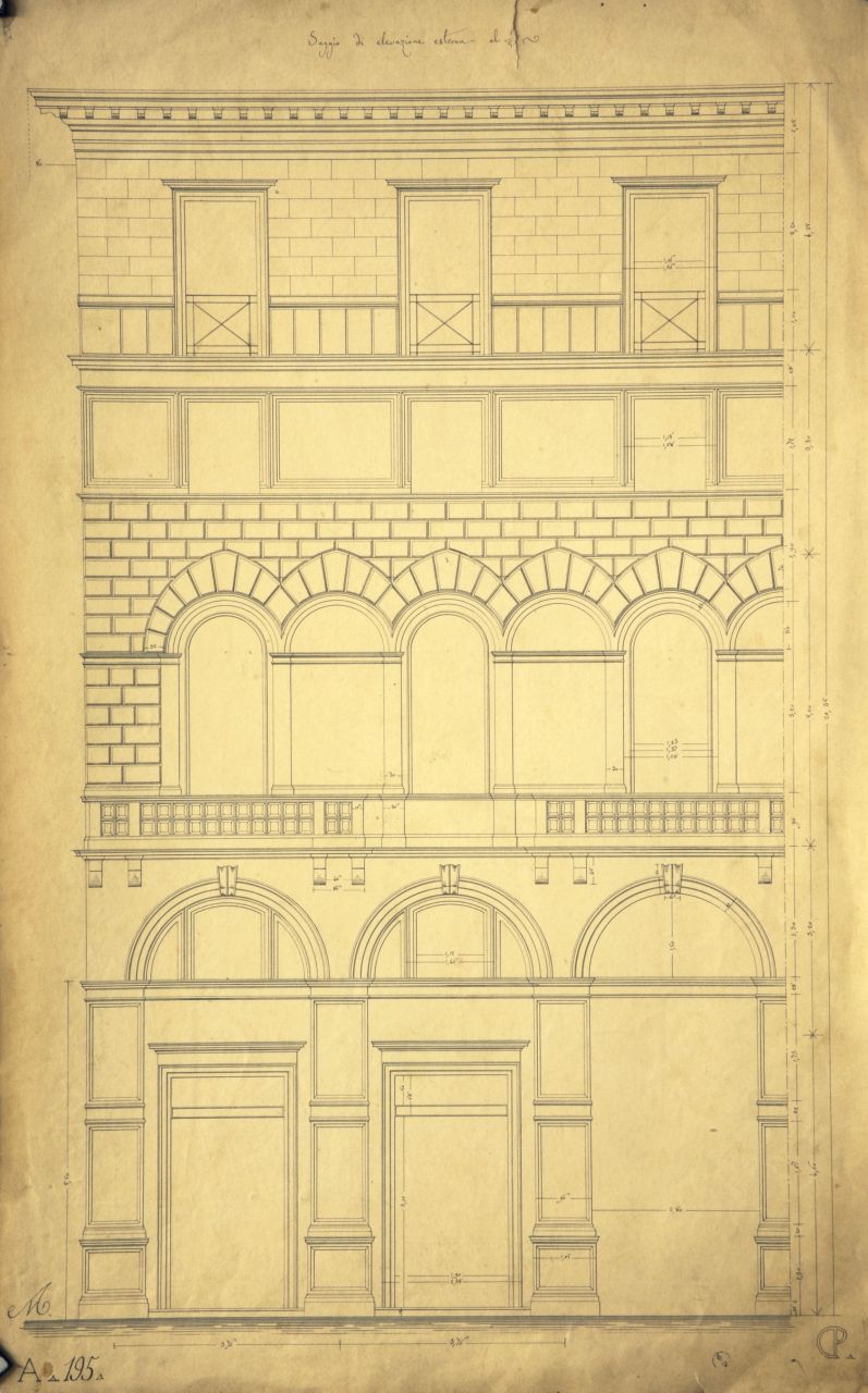 Saggio di elevazione esterna, Prospetto principale quotato di parte di "casa da pigione" (disegno architettonico) di Promis Carlo (metà sec. XIX)