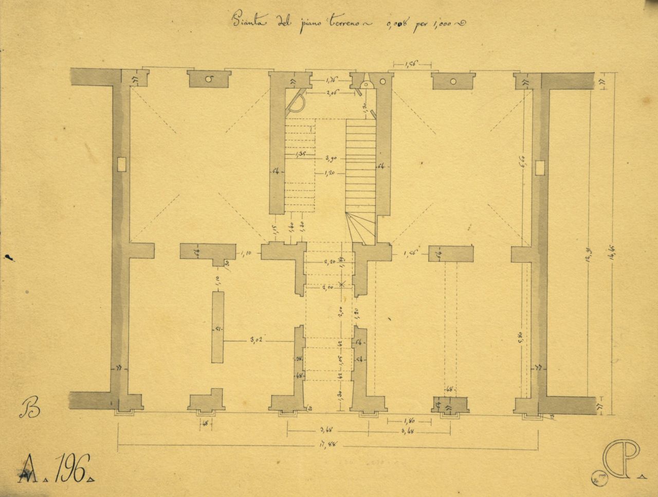 Pianta del piano terreno, Pianta quotata del piano terreno di edificio a quattro piani (disegno architettonico) di Promis Carlo (metà sec. XIX)