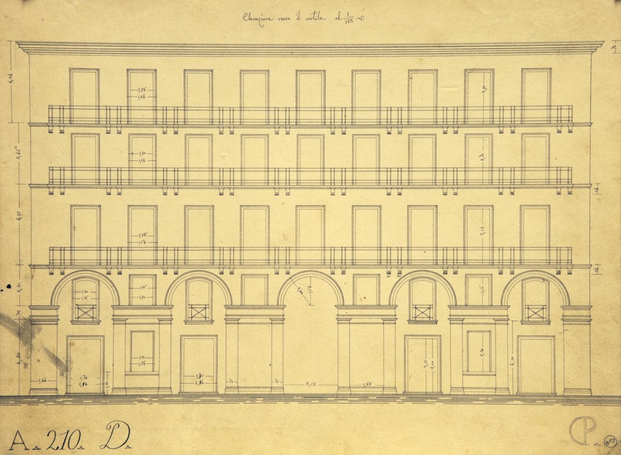 Elevazione verso il cortile, Prospetto interno quotato di "casa privata" (disegno architettonico) di Promis Carlo (metà sec. XIX)