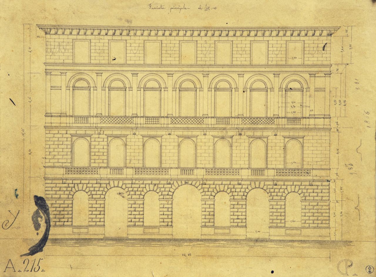 Facciata principale, Prospetto principale incompleto quotato di "casa privata" (disegno architettonico) di Promis Carlo (metà sec. XIX)