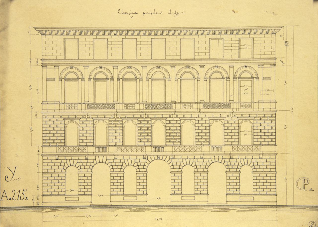 Elevazione principale, Prospetto principale quotato di "casa privata" (disegno architettonico) di Promis Carlo (metà sec. XIX)