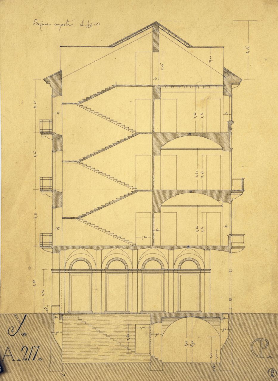 Sezione composta, Sezione longitudinale parzialmente quotata di "casa privata" (disegno architettonico) di Promis Carlo (metà sec. XIX)