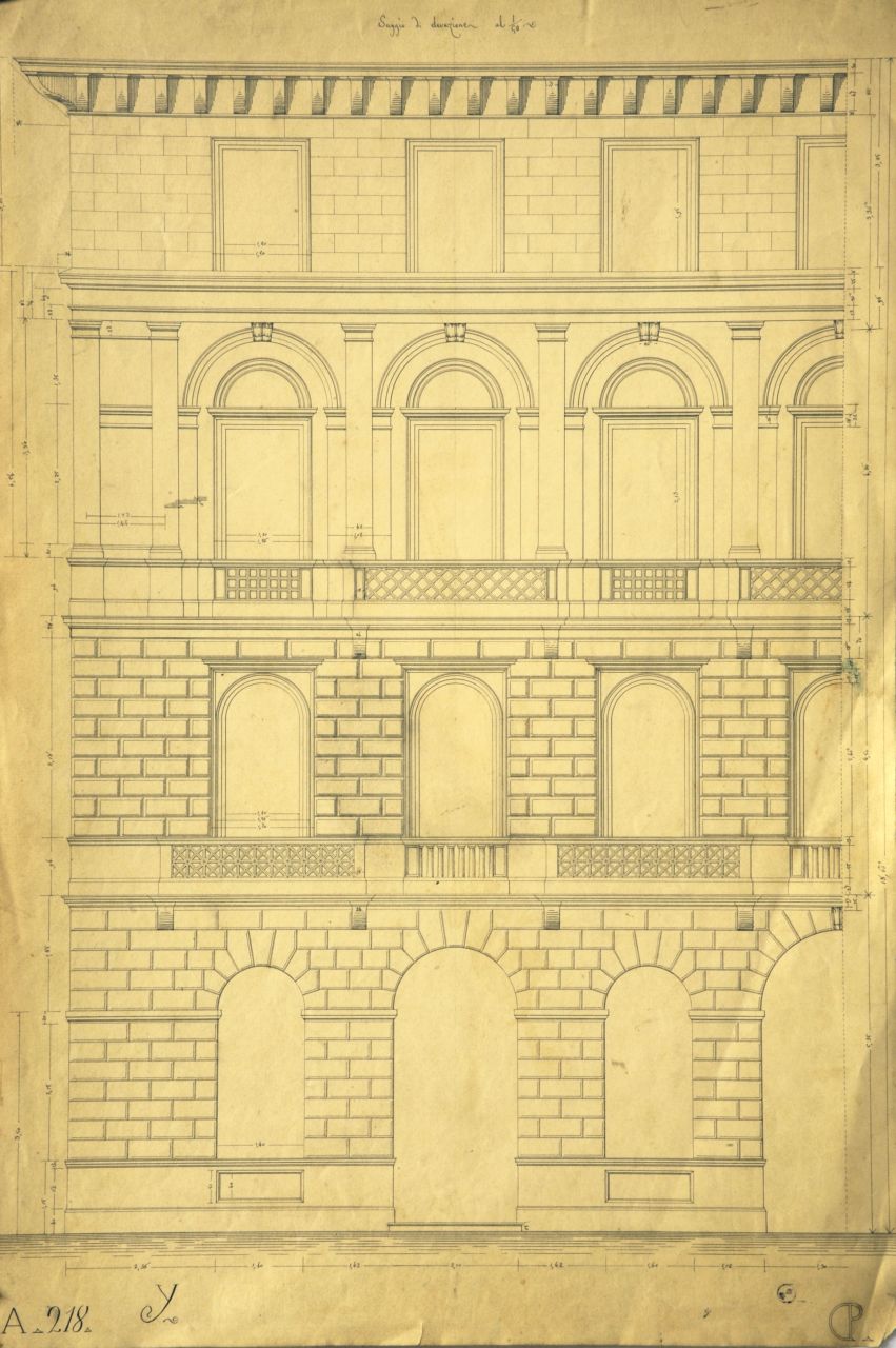 Saggio di elevazione, Prospetto principale quotato di parte di "casa privata" (disegno architettonico) di Promis Carlo (metà sec. XIX)