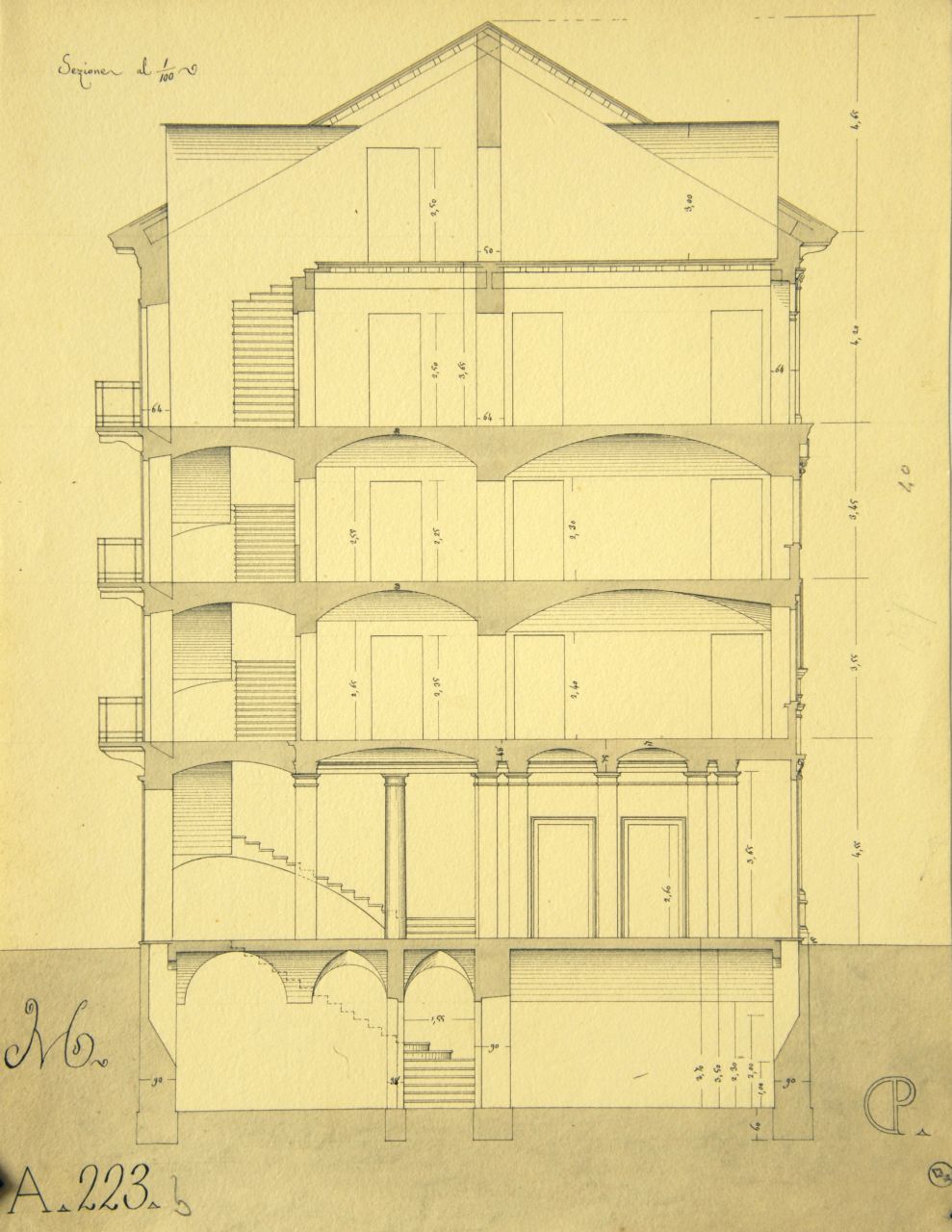 Sezione, Sezione longitudinale parzialmente quotata di "casa privata" (disegno architettonico) di Promis Carlo (metà sec. XIX)