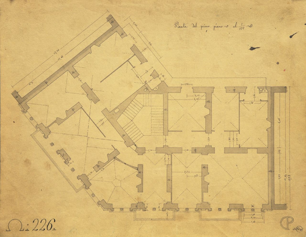 Pianta del primo piano, Pianta parzialmente quotata del primo piano di "casa privata" (disegno architettonico) di Promis Carlo (metà sec. XIX)