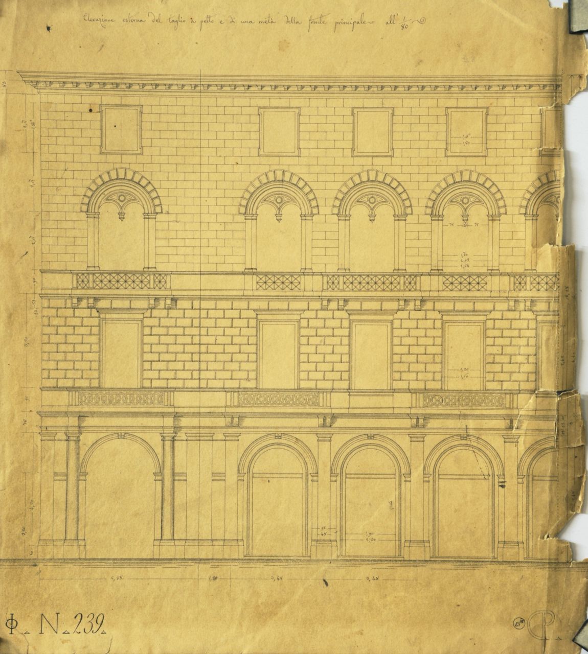 Elevazione esterna del taglio a petto e di una metà della fronte principale, Prospetto principale quotato di parte di "casa privata" (disegno architettonico) di Promis Carlo (sec. XIX)