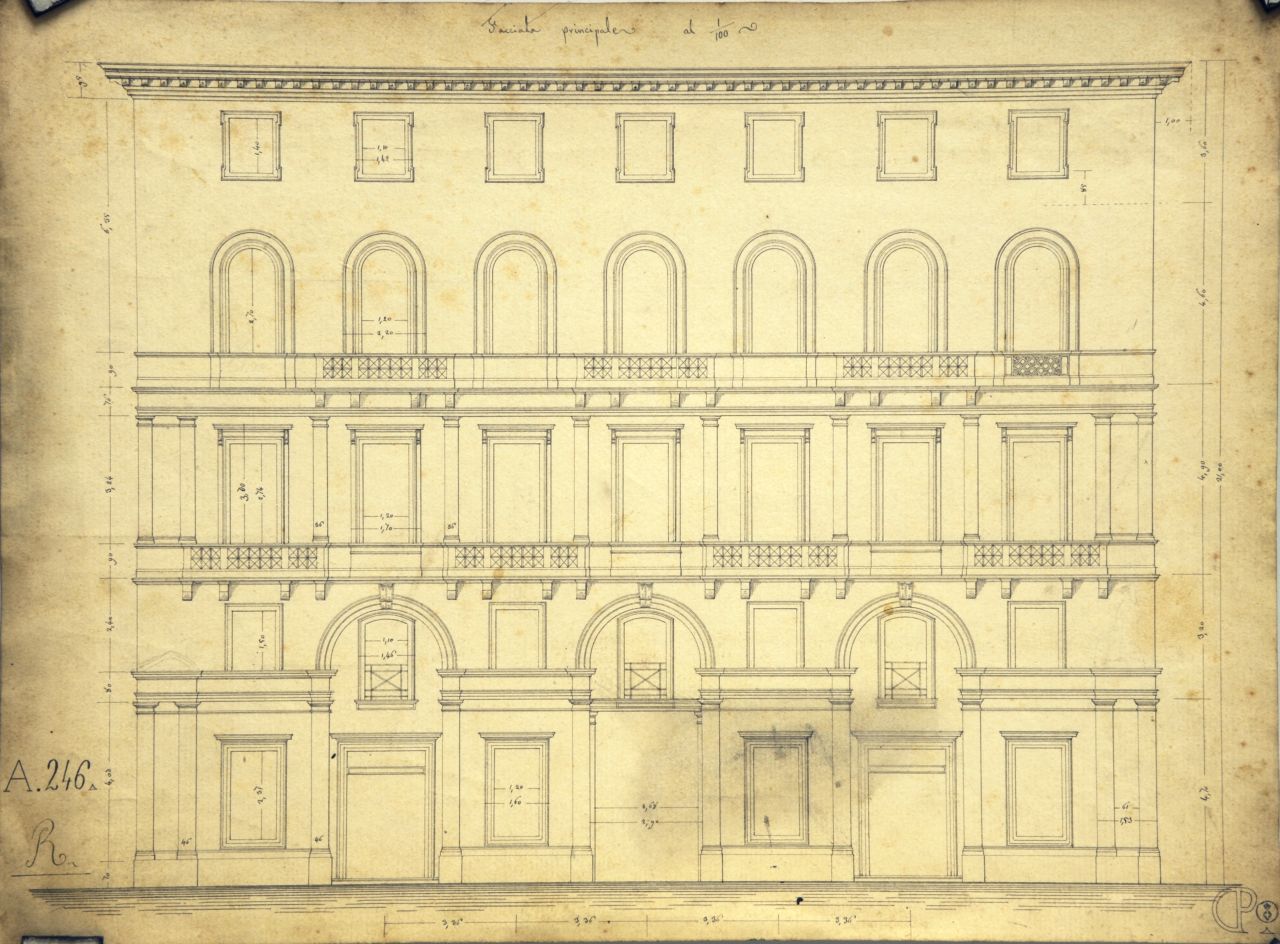 Facciata principale, Prospetto principale quotato di "casa privata" (disegno architettonico) di Promis Carlo (metà sec. XIX)