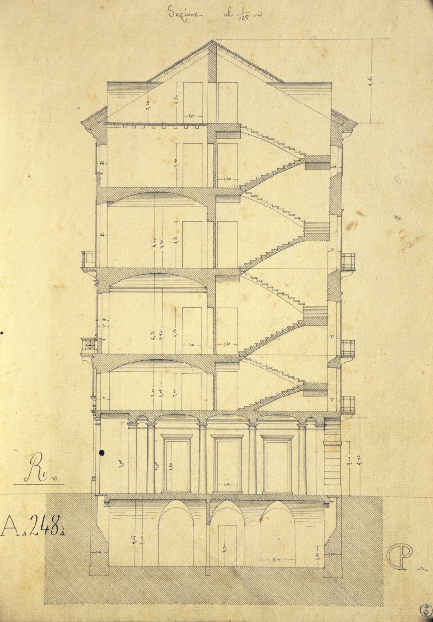Sezione, Sezione longitudinale parzialmente quotata di "casa privata" (disegno architettonico) di Promis Carlo (metà sec. XIX)