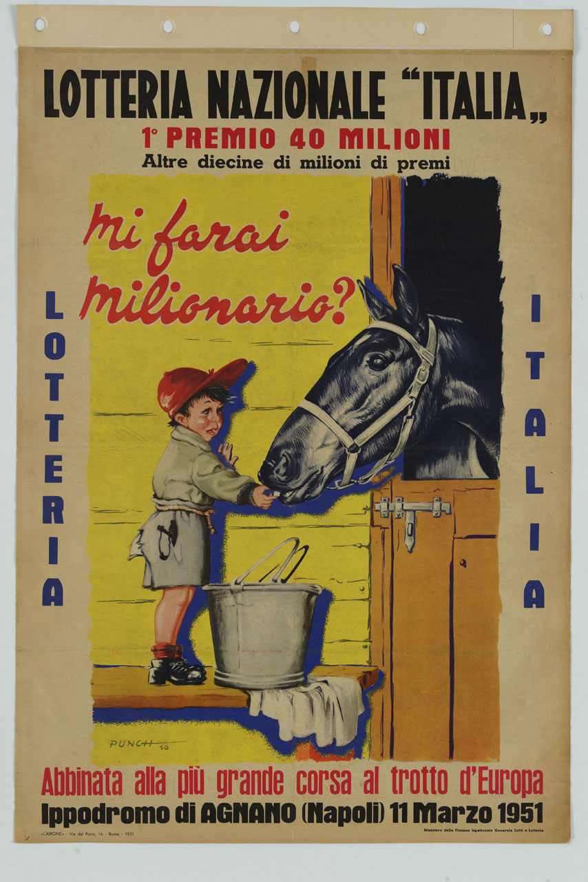 bambino dà una zolletta di zucchero a un cavallo (manifesto) di Punch - ambito italiano (sec. XX)